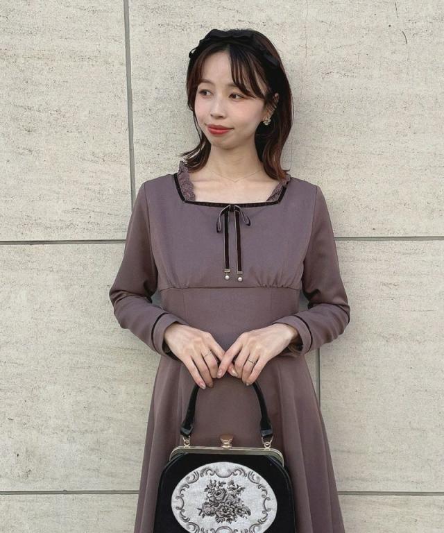 フィント（FINT）/ハイウエスト切替ベロアリボン使いワンピース  