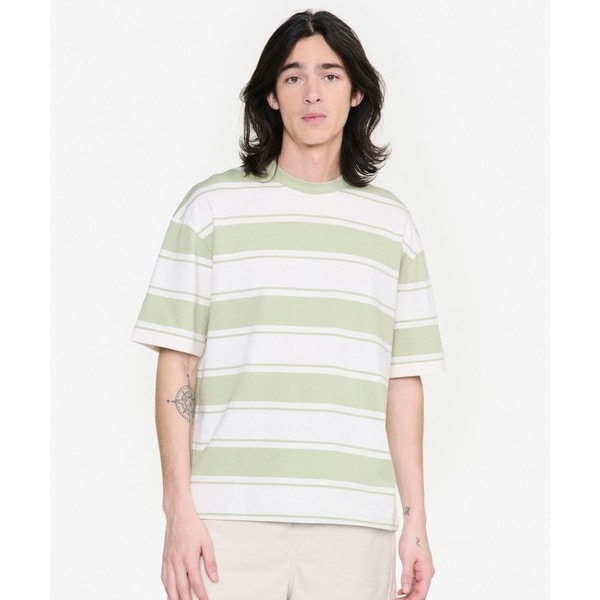 エーグル（AIGLE）/オーガニックコットン レトロボーダー ワンポイントロゴ刺繍 オーバーサイズ 半袖カットソー