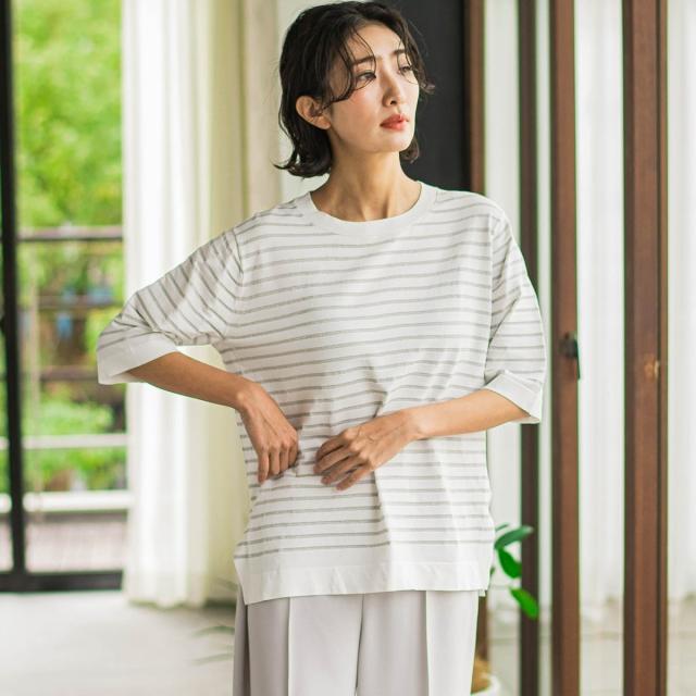 ラエフ（la．f．．．）/【大きいサイズ】Tシャツ風ボーダーニットプルオーバー≪手洗い可能≫