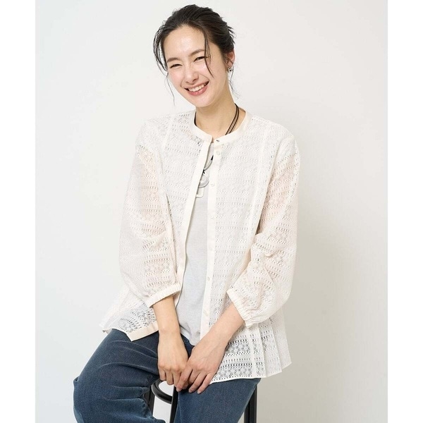 ジョルジュ・レッシュ（ES RECH）/幾何ボーダーレースプリーツブラウス