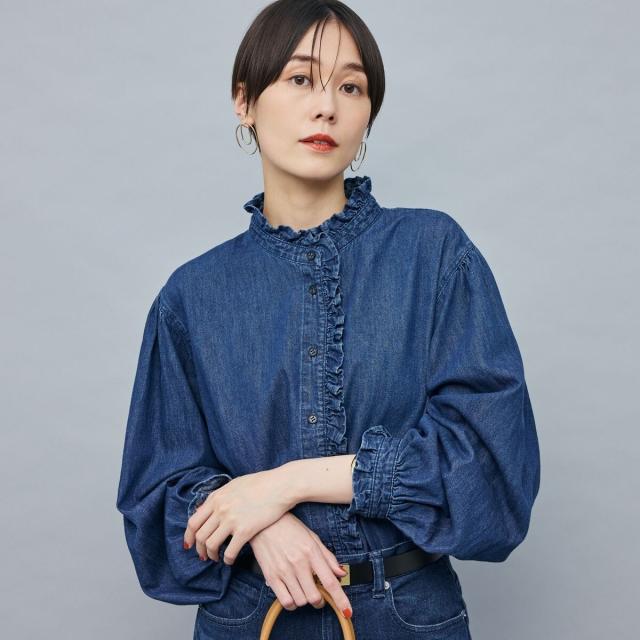 ノーリーズデニムシャツ フリル付き Fサイズ NOLLEY'S｜【追加7回】【RM denim】フリルギャザーデニム