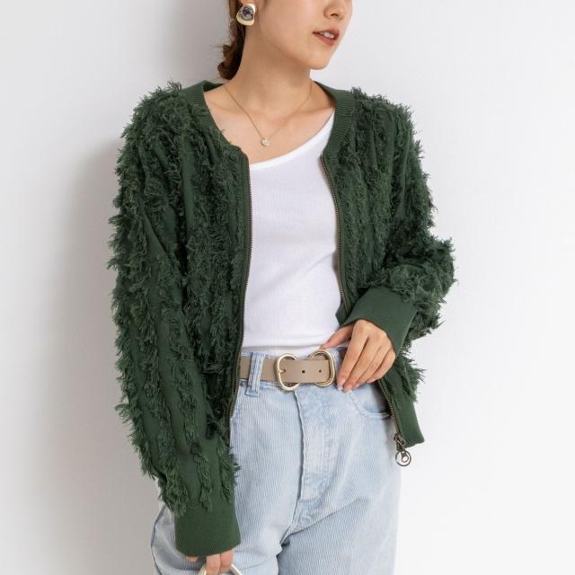 リエミラー（Rie Miller）/《手洗い可能》カットジャガードジップアップカーディガン