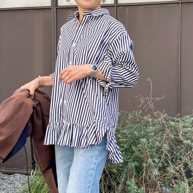 リエミラー（Rie Miller）/ウォッシャブル裾フリルレギュラーカラーシャツ