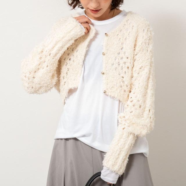 ノーリーズ（NOLLEY’S）/《手洗い可能》カットフェザーヤーン透かし柄2WAYカーディガン