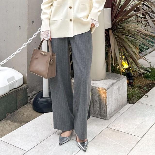 ノーリーズソフィー（NOLLEY’S sophi）/ウォッシャブル両面起毛ヘリンボーン/ストライプセミワイドパンツ