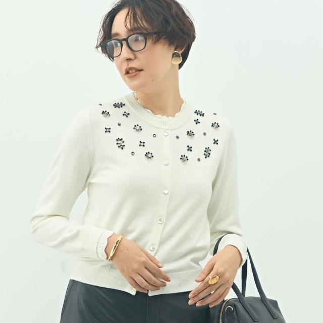 ノーリーズ（NOLLEY’S）/《手洗い可能》ビジュー付きクルーネックカーディガン