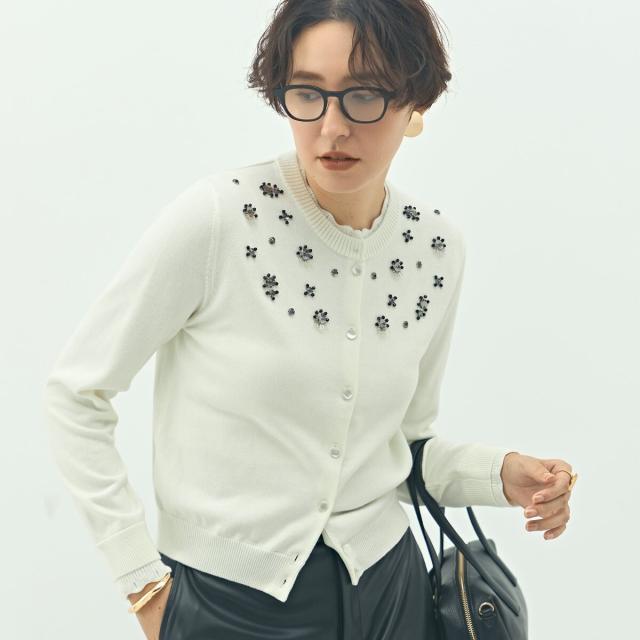 ノーリーズ（NOLLEY’S）/《手洗い可能》ビジュー付きクルーネックカーディガン