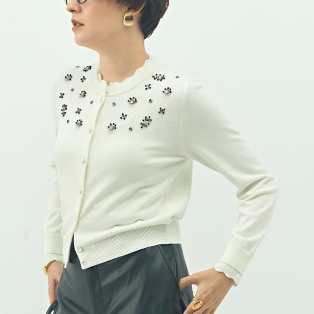 ノーリーズ（NOLLEY’S）/《手洗い可能》ビジュー付きクルーネックカーディガン