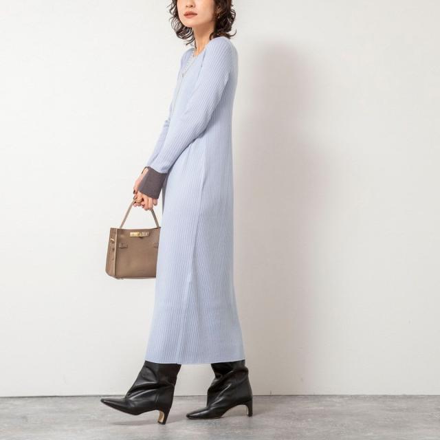ノーリーズソフィー（NOLLEY’S sophi）/《手洗い可能》ウール混ワイドリブ袖口配色ロングワンピース