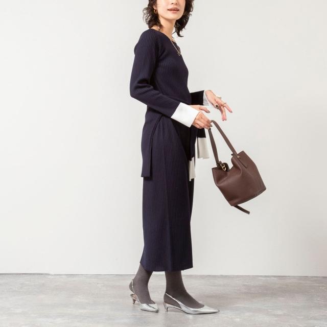 ノーリーズソフィー（NOLLEY’S sophi）/《手洗い可能》ウール混ワイドリブ袖口配色ロングワンピース