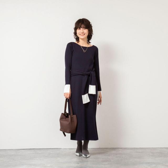 ノーリーズソフィー（NOLLEY’S sophi）/《手洗い可能》ウール混ワイドリブ袖口配色ロングワンピース