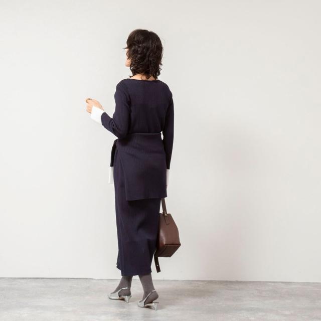 ノーリーズソフィー（NOLLEY’S sophi）/《手洗い可能》ウール混ワイドリブ袖口配色ロングワンピース