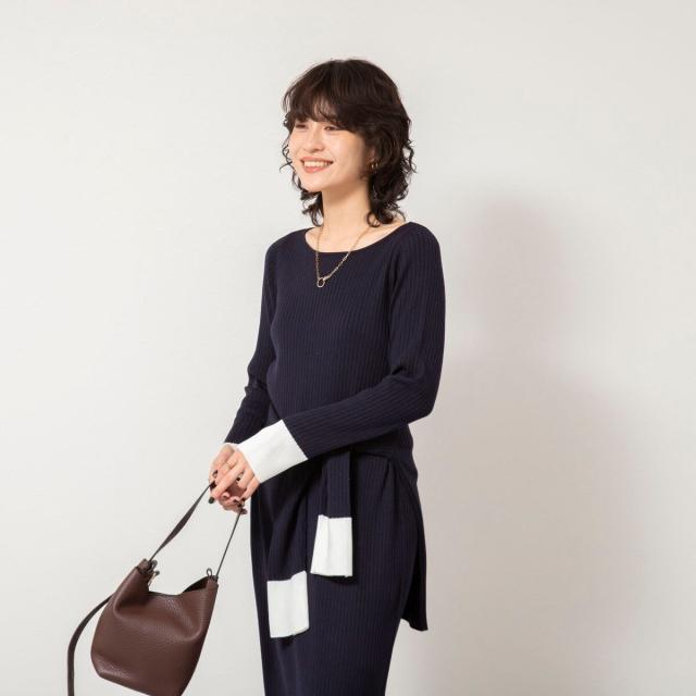 ノーリーズソフィー（NOLLEY’S sophi）/《手洗い可能》ウール混ワイドリブ袖口配色ロングワンピース