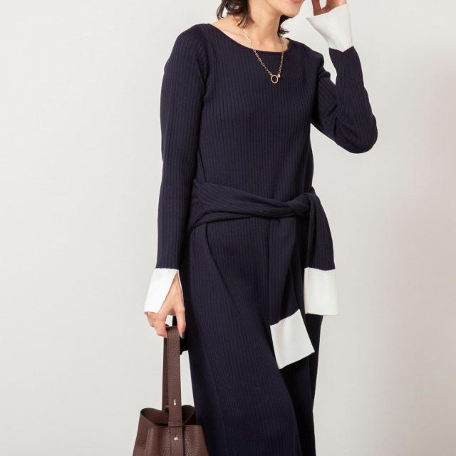 ノーリーズソフィー（NOLLEY’S sophi）/《手洗い可能》ウール混ワイドリブ袖口配色ロングワンピース