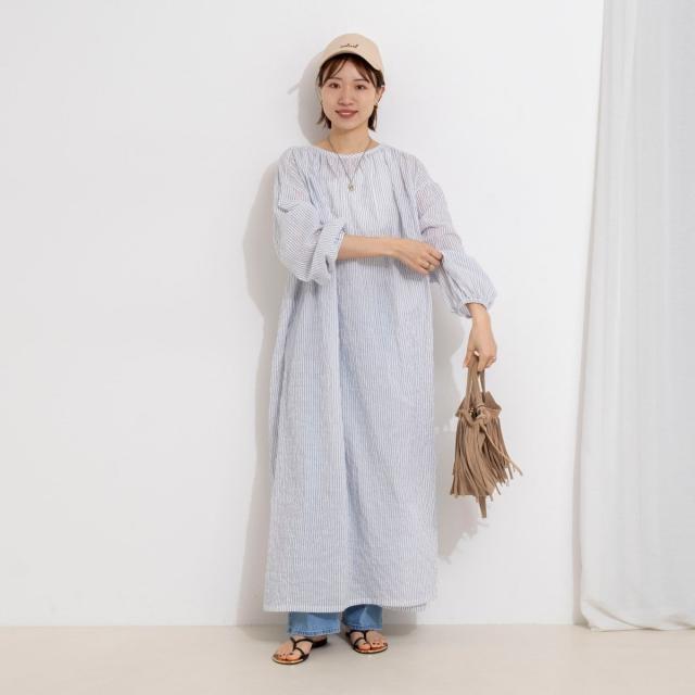 セカンドノーリーズ（2nd NOLLEY’S）/ウォッシャブルシャーリングストライプ2WAYギャザーワンピース_9