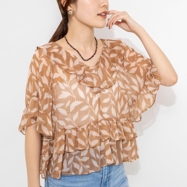 ノーリーズ（NOLLEY’S）/【Import Fabric】ウォッシャブル楊柳リーフ柄フリルブラウス