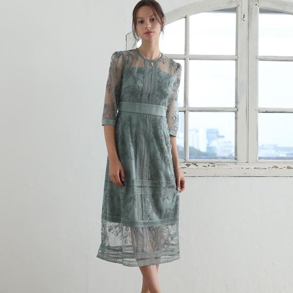 ドリードール（Dorry Doll）/花柄幾何学模様レース ミモレ丈ワンピース