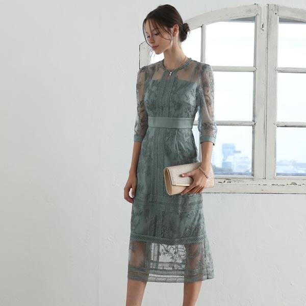 ドリードール（Dorry Doll）/花柄幾何学模様レース ミモレ丈ワンピース