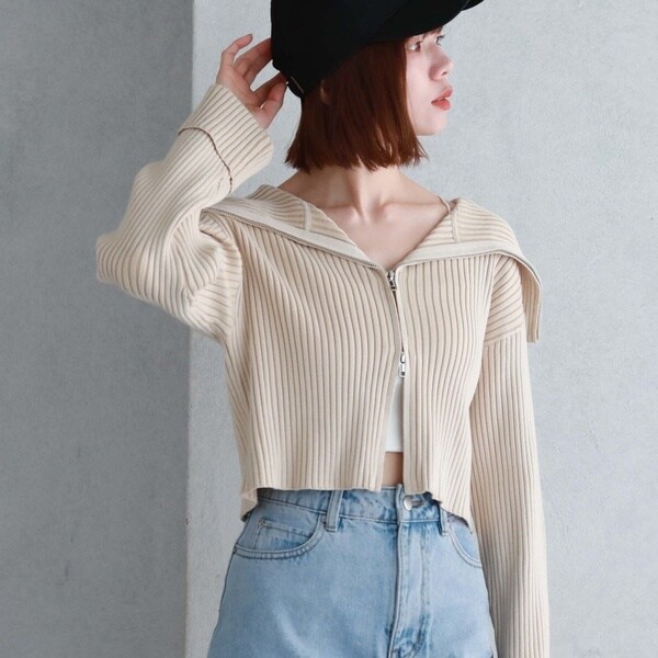 アルシーヴ（archives）/フロントzipオーバーカラー二重臼ニットの