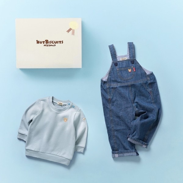 ミキハウス ホットビスケッツ（MIKIHOUSE HOT BISCUITS）/ワンポイントデニムオーバーオール＆ワンポイントトレーナーギフトセット【BO…