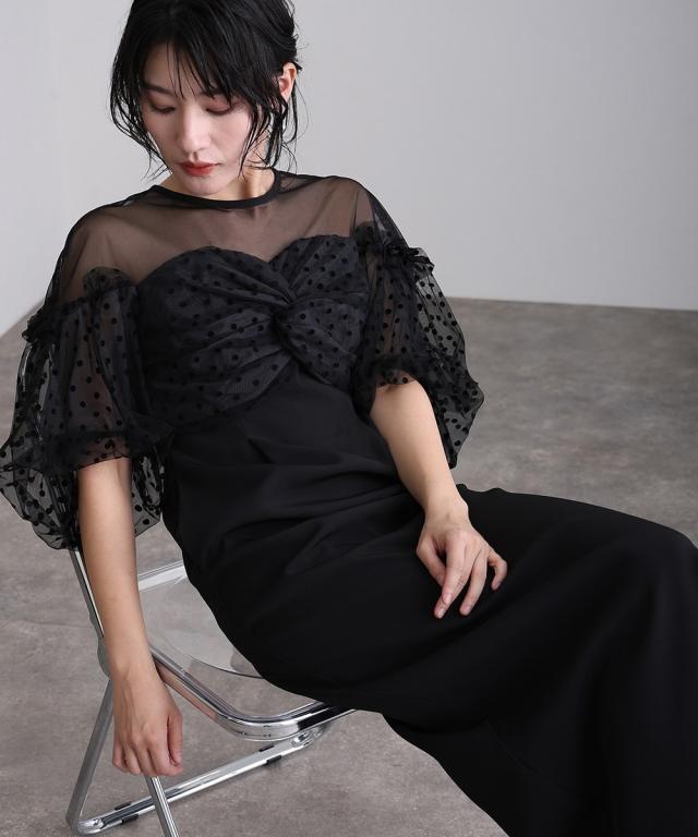 定番！atloアトロ 結婚式ドレス パーティー ワンピース atlo（アトロ）の「刺繍襟 パーティードレス お呼ばれミモレ丈