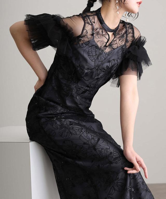 新品未使用】atlo Aラインチュールセットドレス ブラック atlo