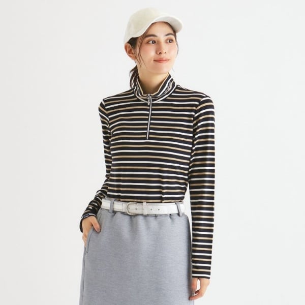 アダバット（adabat）/【吸湿発熱】ボーダーデザイン 長袖ハーフジッププルオーバー