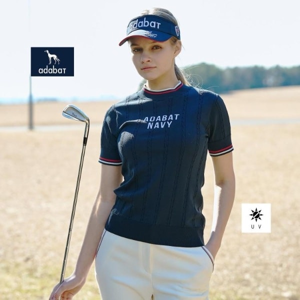 アダバット（adabat）/【ADABAT NAVY】UVカット ケーブルストライプ半袖モックニット