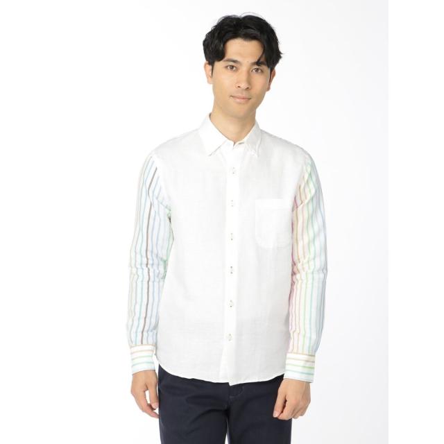 タカキュー/アレキサンダージュリアン USA綿麻 ストライプ柄 ボタンダウン長袖シャツ