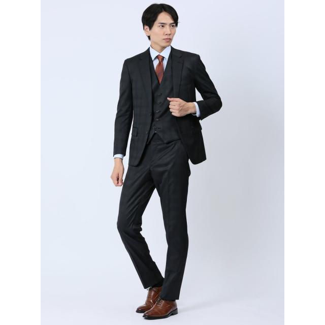 タカキュー（TAKA−Q）/【光沢 ウール混 ストレッチ】m．f．エディトリアル 2ボタン3ピース セットアップスーツ 組織黒