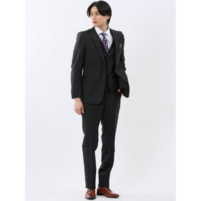 タカキュー（TAKA−Q）/スーツ メンズ 上下 セットアップ スリーピース ストレッチ スリム ベスト ウール混 光沢 黒