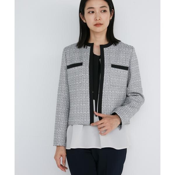 イネド（INED）/《大きいサイズ》ノーカラーツイードジャケット