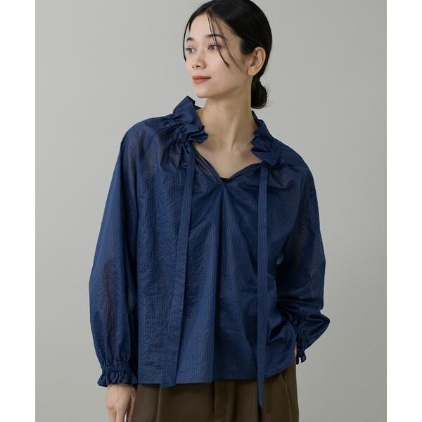 イネド（INED）/《大きいサイズ》シャドーボーダーフリルボウタイブラウス