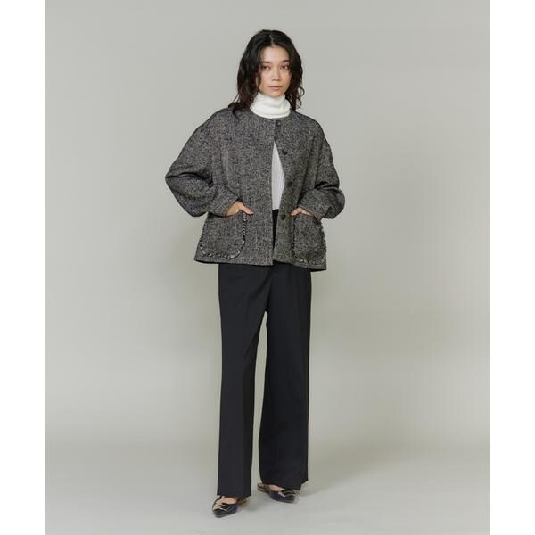 イネド（INED）/《大きいサイズ》ヘリンボーン柄ノーカラーショートコート