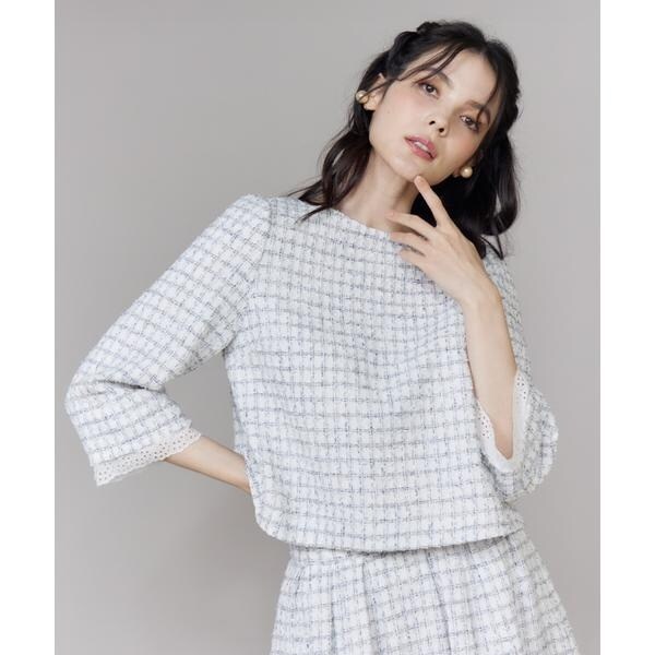 【NEW】マーリエ ル カセット（Maglie le cassetto）/《M Maglie le cassetto》袖刺繍レース艶めきツィードブラウス