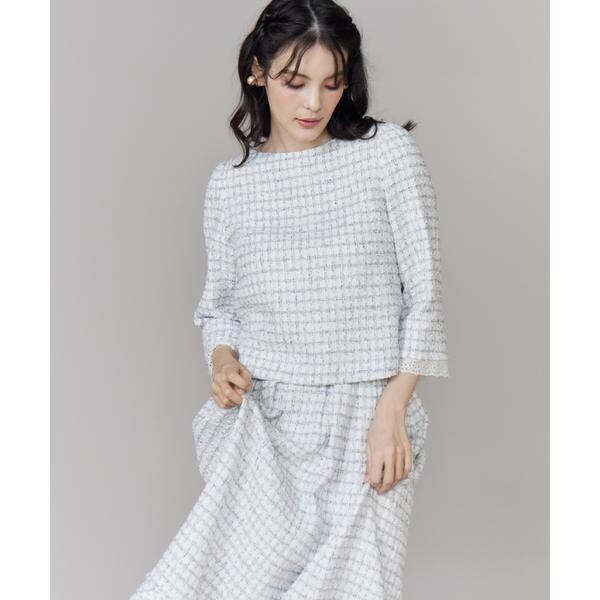 【NEW】マーリエ ル カセット（Maglie le cassetto）/《M Maglie le cassetto》袖刺繍レース艶めきツィードブラウス