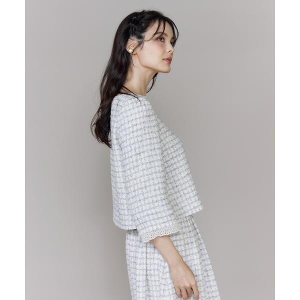 【NEW】マーリエ ル カセット（Maglie le cassetto）/《M Maglie le cassetto》袖刺繍レース艶めきツィードブラウス