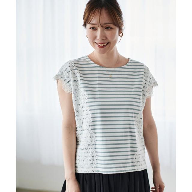 ルクールブラン（le．coeur blanc）/《手洗い可能》Perle Peche ボーダー×レースカットソー
