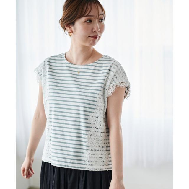 ルクールブラン（le．coeur blanc）/《手洗い可能》Perle Peche ボーダー×レースカットソー