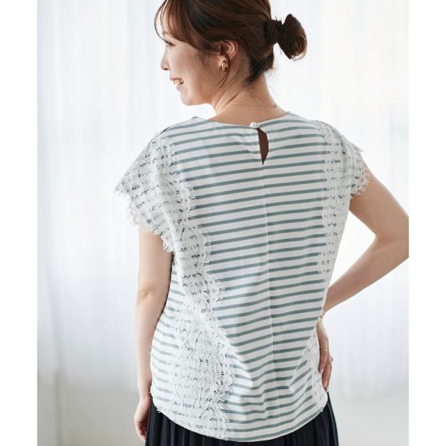 ルクールブラン（le．coeur blanc）/《手洗い可能》Perle Peche ボーダー×レースカットソー