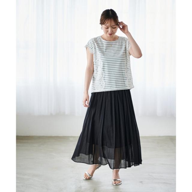 ルクールブラン（le．coeur blanc）/《手洗い可能》Perle Peche ボーダー×レースカットソー