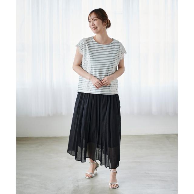 ルクールブラン（le．coeur blanc）/《手洗い可能》Perle Peche ボーダー×レースカットソー