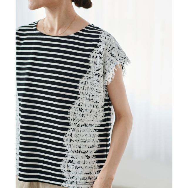 ルクールブラン（le．coeur blanc）/《手洗い可能》Perle Peche ボーダー×レースカットソー