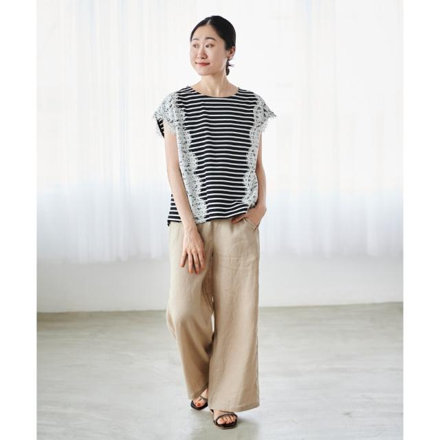 ルクールブラン（le．coeur blanc）/《手洗い可能》Perle Peche ボーダー×レースカットソー