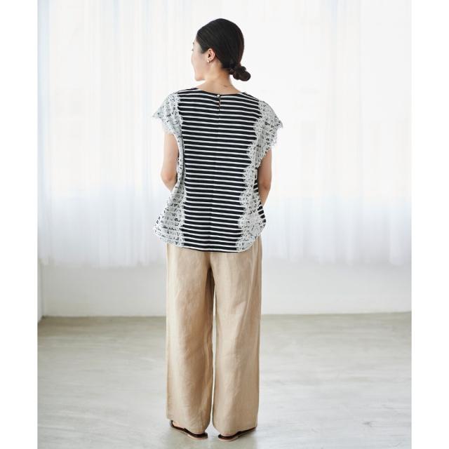 ルクールブラン（le．coeur blanc）/《手洗い可能》Perle Peche ボーダー×レースカットソー