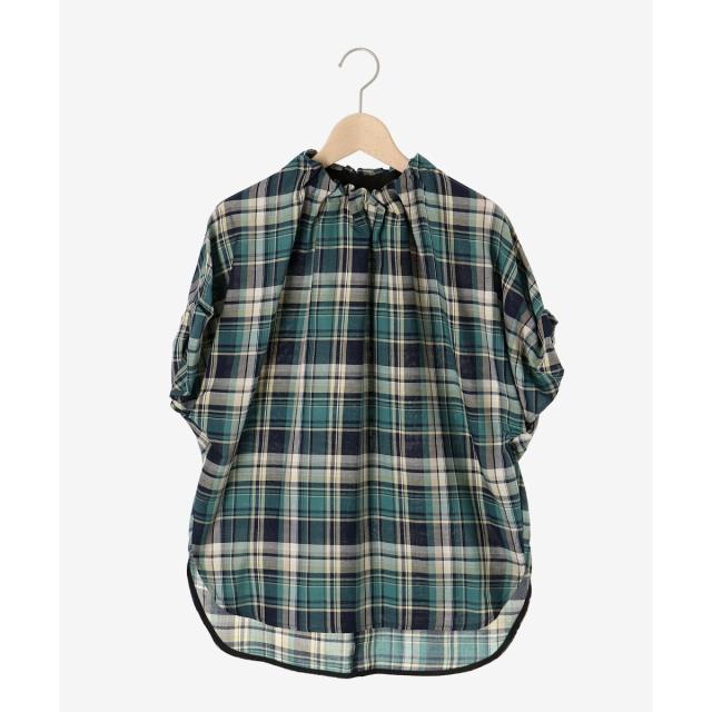 ルクールブラン（le．coeur blanc）/《手洗い可能》チェックハイネックギャザードルマンフレンチブラウス