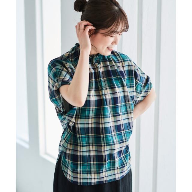 ルクールブラン（le．coeur blanc）/《手洗い可能》チェックハイネックギャザードルマンフレンチブラウス