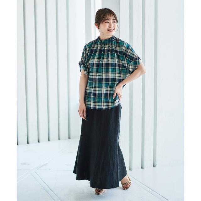 ルクールブラン（le．coeur blanc）/《手洗い可能》チェックハイネックギャザードルマンフレンチブラウス