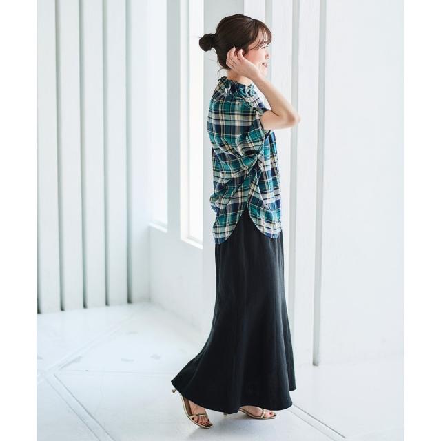 ルクールブラン（le．coeur blanc）/《手洗い可能》チェックハイネックギャザードルマンフレンチブラウス