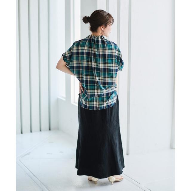 ルクールブラン（le．coeur blanc）/《手洗い可能》チェックハイネックギャザードルマンフレンチブラウス